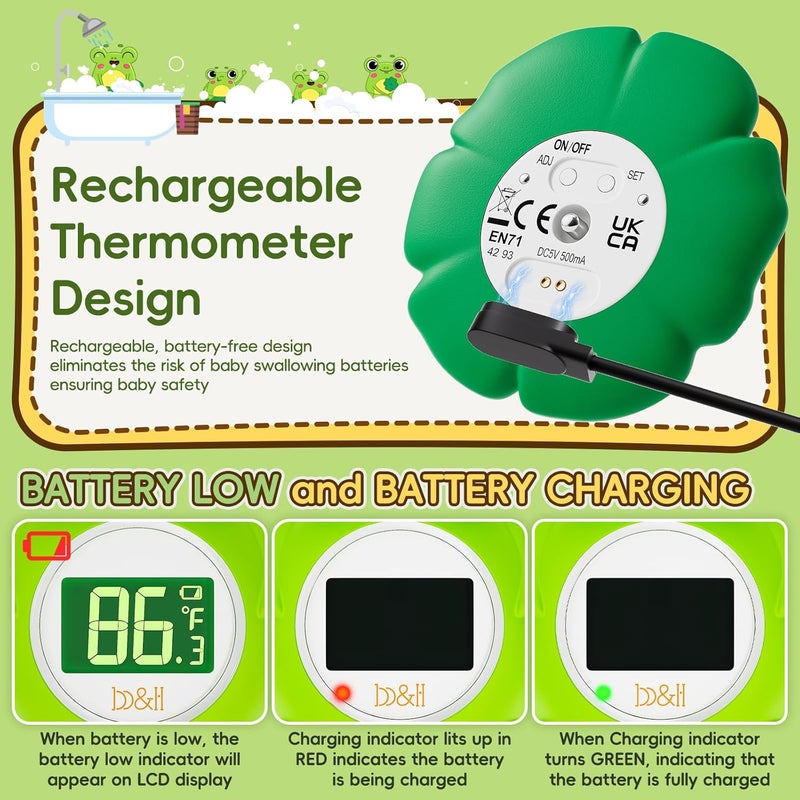 BH Rechargeable Baby Bath Thermometer, Floating Safety Toddlers Bathtub Thermometer for Accurately Measuring Toddler’s Tub Water Temperature, Newborn Shower Essentials, Cute Frog - Image 5
